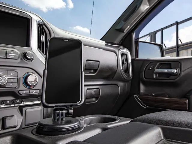 Alt view image 2 of 7 - CupFone Universal Cup Holder Phone Mount for Cars  Adjustable & Secure Fit with Open Access for Charging  Compatible with iPhone Android - Plastic Knobs Black