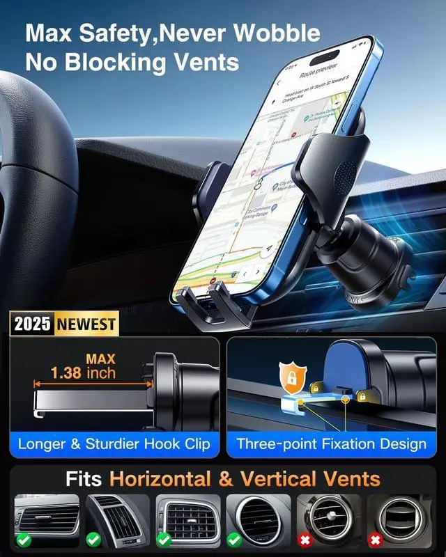 Alt view image 6 of 7 - VANMASS Car Phone Holder Mount 2025 Upgraded [Patent Steel-Hook] Car Vent Phone Mount Clip Military-Grade Shockproof Cell Phone Car Mount Handsfree Truck Stand Vent Cradle for iPhone 16 Android,Black
