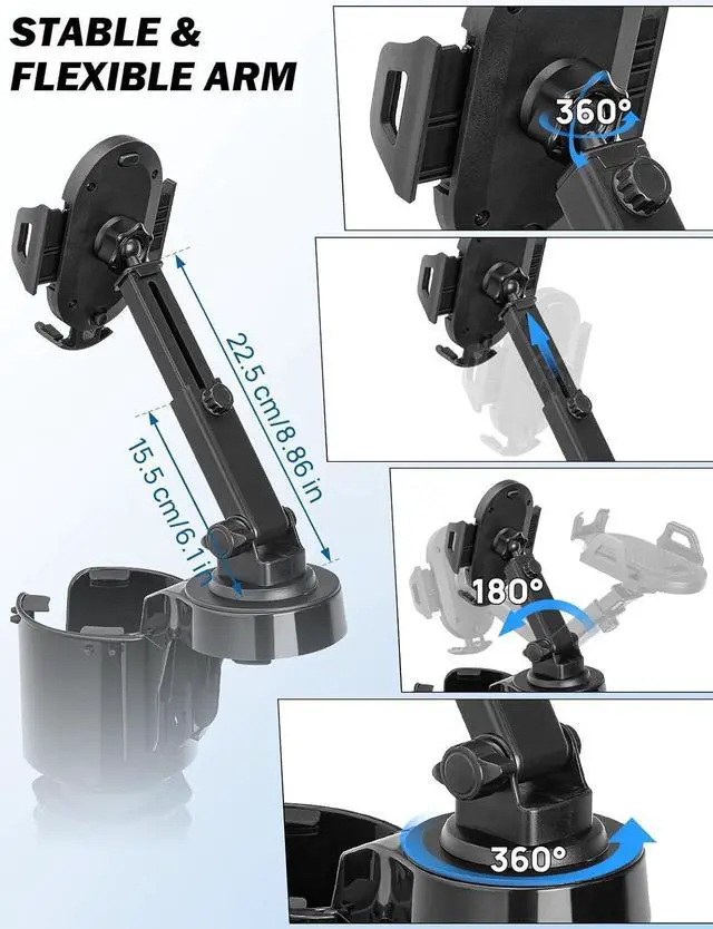 Alt view image 4 of 6 - JOYTUTUS Cup Holder Phone Mount for Car, Car Cellphone Large Adapter Long Arm with 360 Degree Rotation, Compatible iPhone, Samsung & All Smartphones