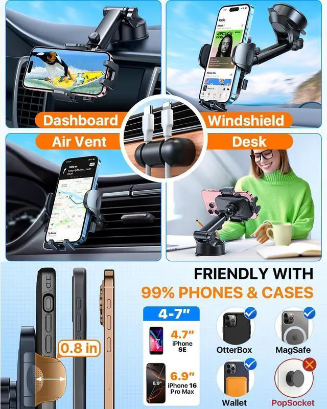 Alt view image 6 of 7 - 2025 Best Car Phone Holder Ultimate 5-in-1 & Upgraded 100+LBS Strongest SuctionTrue Military-Grade & Safety Cert 360° Windshield Dashboard Vent Mount Stand for iPhone Android & Truck Blue