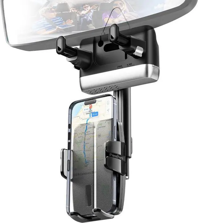 Main image of Rear View Mirror Phone Holder Rotatable and Retractable Phone Holders for Your Car 360° Rotating Adjustable Cell Phone Mount with Wire Retaining Rope for iPhone  All 4-7 Inch Cell Phones