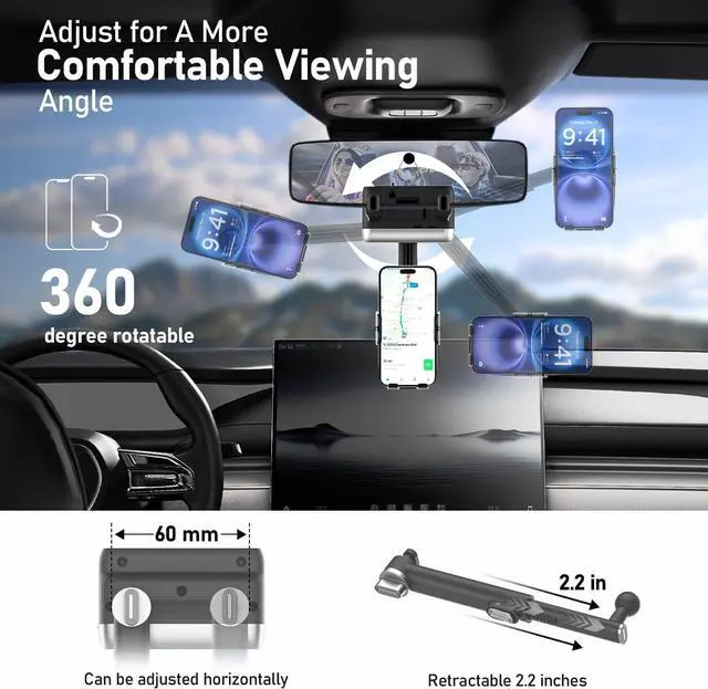 Alt view image 2 of 7 - Rear View Mirror Phone Holder Rotatable and Retractable Phone Holders for Your Car 360° Rotating Adjustable Cell Phone Mount with Wire Retaining Rope for iPhone  All 4-7 Inch Cell Phones