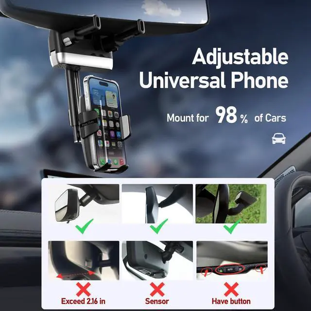 Alt view image 4 of 7 - Rear View Mirror Phone Holder Rotatable and Retractable Phone Holders for Your Car 360° Rotating Adjustable Cell Phone Mount with Wire Retaining Rope for iPhone  All 4-7 Inch Cell Phones