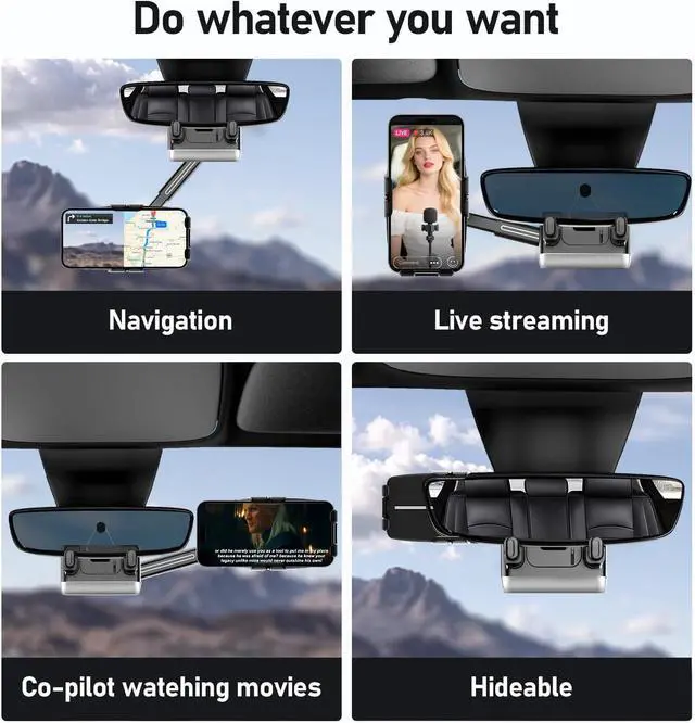 Alt view image 5 of 7 - Rear View Mirror Phone Holder Rotatable and Retractable Phone Holders for Your Car 360° Rotating Adjustable Cell Phone Mount with Wire Retaining Rope for iPhone  All 4-7 Inch Cell Phones