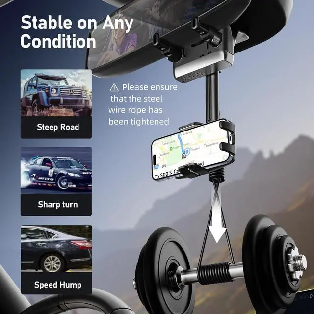 Alt view image 6 of 7 - Rear View Mirror Phone Holder Rotatable and Retractable Phone Holders for Your Car 360° Rotating Adjustable Cell Phone Mount with Wire Retaining Rope for iPhone  All 4-7 Inch Cell Phones