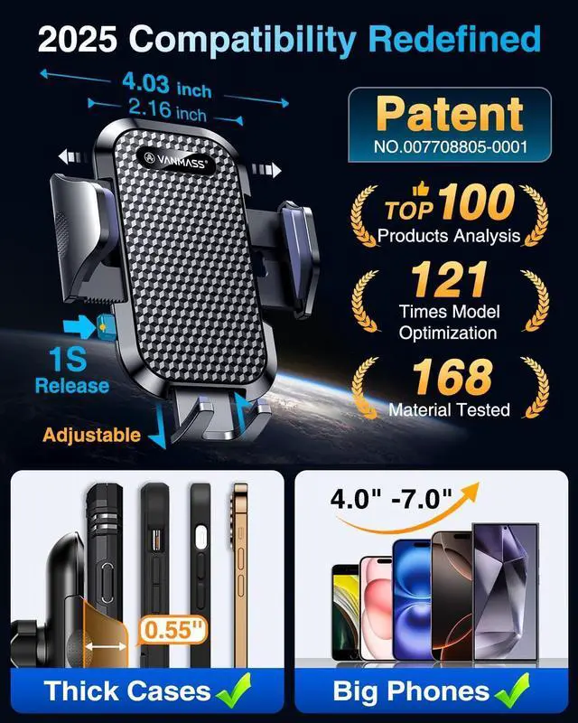Alt view image 5 of 7 - Car Phone Holder 2025 Military-Grade Phone Holder for Your Car Windshield Dashboard 65 Lbs Strongest SuctionPatent & Safety Certs Universal Cell Phone Car Mount for iPhone  Android