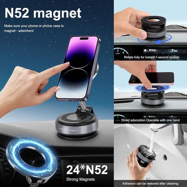 Alt view image 3 of 7 - Vacuum Magnetic Suction Phone Holder Foldable and Retractable Hands-Free Suction Cup Phone Mount for Car/Gym/Mirror/Smooth Surface Compatible with iPhone Android and All Smartphones (Black)