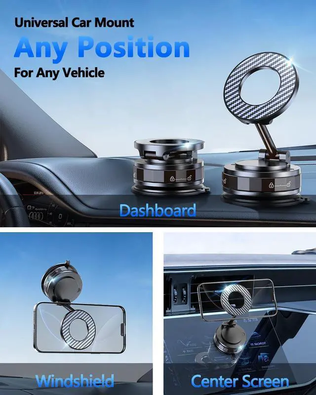 Alt view image 2 of 7 - Vacuum Magnetic Car Phone Holder for Magsafe [89+LBS Suction & 3200gf Magnetic] 360° Adjustable Ultra Suction Cup Phone Holders for Your Car/Gym/Mirror Car Mount for iPhone & Android (Black)