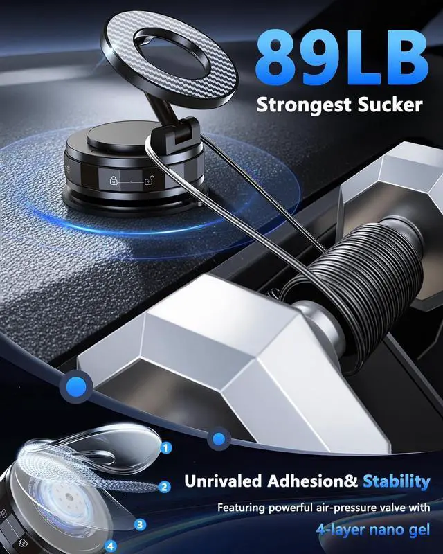 Alt view image 3 of 7 - Vacuum Magnetic Car Phone Holder for Magsafe [89+LBS Suction & 3200gf Magnetic] 360° Adjustable Ultra Suction Cup Phone Holders for Your Car/Gym/Mirror Car Mount for iPhone & Android (Black)