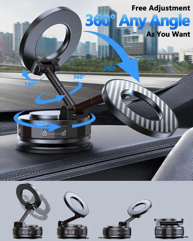 Alt view image 4 of 7 - Vacuum Magnetic Car Phone Holder for Magsafe [89+LBS Suction & 3200gf Magnetic] 360° Adjustable Ultra Suction Cup Phone Holders for Your Car/Gym/Mirror Car Mount for iPhone & Android (Black)