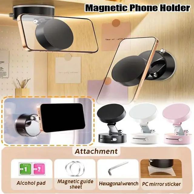 Alt view image 7 of 7 - Foldable Magnetic Vacuum Phone Holder 360° Electric Suction Car Mount Double-Sided Swivel Stand for Car Mirror Gym Kitchen Hands-Free Portable Phone Holder (Pink)