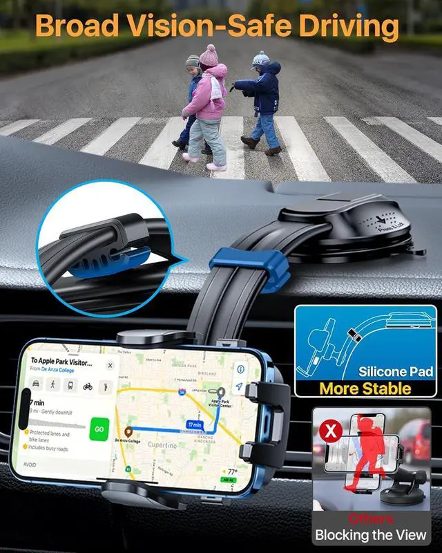 Alt view image 3 of 7 - Upgraded Strongest Suction Car Phone Holder Bendable Arm Never Block View Rotatable Cellphone Mount for Dashboard Windshield Vent Cradle Stand for iPhone 16 15 14 13 12 Pro Max (Black)