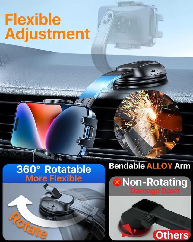 Alt view image 4 of 7 - Upgraded Strongest Suction Car Phone Holder Bendable Arm Never Block View Rotatable Cellphone Mount for Dashboard Windshield Vent Cradle Stand for iPhone 16 15 14 13 12 Pro Max (Black)