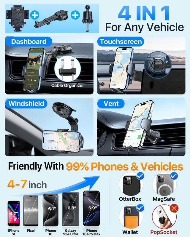 Alt view image 6 of 7 - Upgraded Strongest Suction Car Phone Holder Bendable Arm Never Block View Rotatable Cellphone Mount for Dashboard Windshield Vent Cradle Stand for iPhone 16 15 14 13 12 Pro Max (Black)