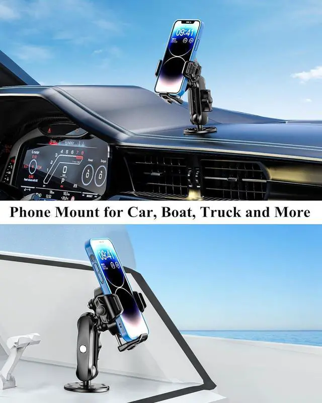 Alt view image 2 of 7 - Anti-Theft Phone Mount Holder with Vibration Dampener [Camera Friendly] [1s Lock & Release] with Aluminum Round Base & Medium Arm for Car Boat Truck Motorcycle UTV Fit 5.4-7.2 Smartphones
