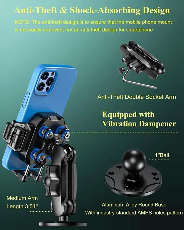 Alt view image 3 of 7 - Anti-Theft Phone Mount Holder with Vibration Dampener [Camera Friendly] [1s Lock & Release] with Aluminum Round Base & Medium Arm for Car Boat Truck Motorcycle UTV Fit 5.4-7.2 Smartphones