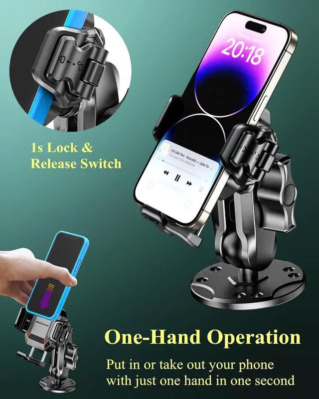 Alt view image 4 of 7 - Anti-Theft Phone Mount Holder with Vibration Dampener [Camera Friendly] [1s Lock & Release] with Aluminum Round Base & Medium Arm for Car Boat Truck Motorcycle UTV Fit 5.4-7.2 Smartphones