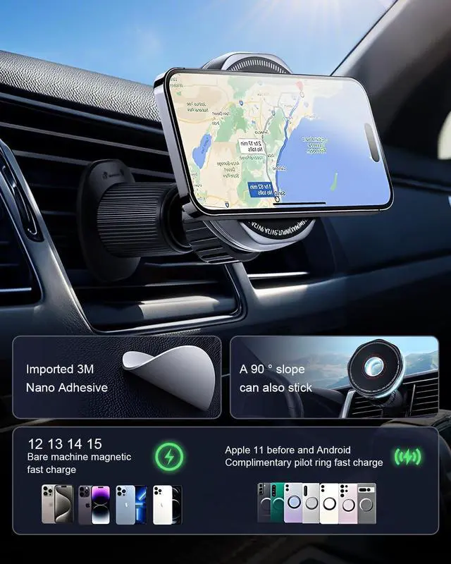 Alt view image 2 of 7 - Wireless Car Charger 15W Cell Phone Car Mount Dashboard/Vent Magnetic Mount for iPhone 16 Pro Max 15 14 13 & /Android 360° Rotation Car Phone Holder