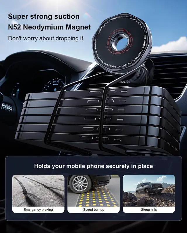 Alt view image 3 of 7 - Wireless Car Charger 15W Cell Phone Car Mount Dashboard/Vent Magnetic Mount for iPhone 16 Pro Max 15 14 13 & /Android 360° Rotation Car Phone Holder
