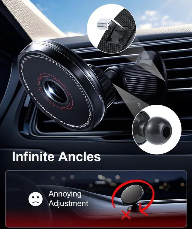 Alt view image 5 of 7 - Wireless Car Charger 15W Cell Phone Car Mount Dashboard/Vent Magnetic Mount for iPhone 16 Pro Max 15 14 13 & /Android 360° Rotation Car Phone Holder