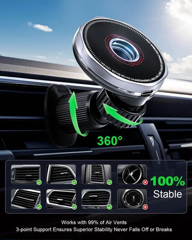 Alt view image 6 of 7 - Wireless Car Charger 15W Cell Phone Car Mount Dashboard/Vent Magnetic Mount for iPhone 16 Pro Max 15 14 13 & /Android 360° Rotation Car Phone Holder
