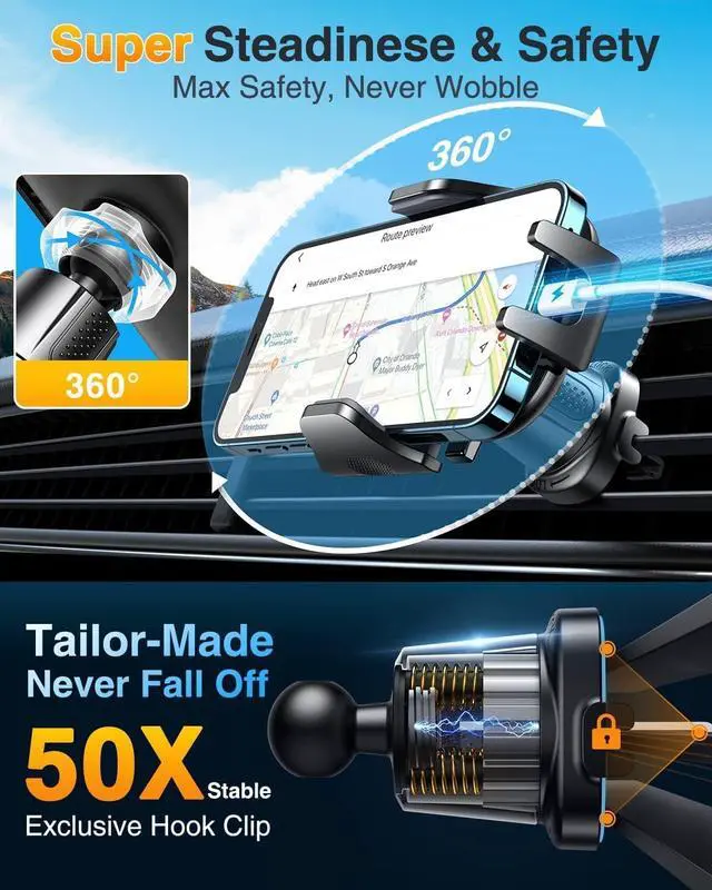 Alt view image 7 of 7 - Car Phone Holder Mount 2024 Upgraded [Patent Steel-Hook] Car Vent Phone Mount Clip Military-Grade Shockproof Cell Phone Car Mount Handsfree Truck Stand Vent Cradle for iPhone 15 Android Grey