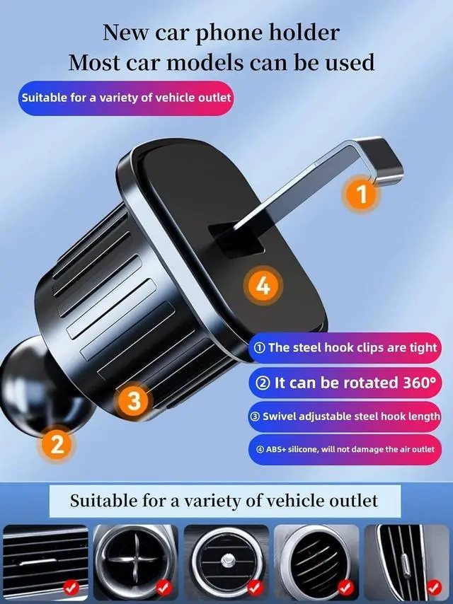 Alt view image 6 of 6 - Car Phone Holder with Rotatable Swing Arm Hands-Free Car Vent Phone Mount with Metal Air Vent Clip Fit for All iPhone Android Smartphones