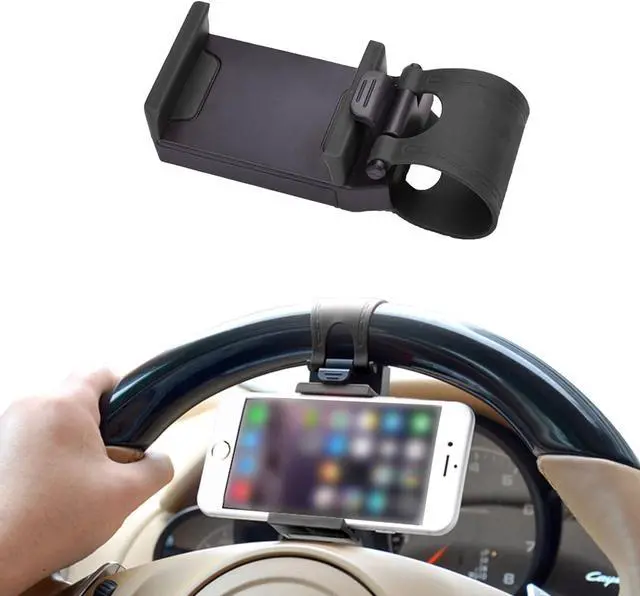 Main image of Car Phone Holder - Adjustable Car Cradle Steering Wheel Phone Mount Universal Mobile Phone Mount Hands Free Automobile Cell Phone Holder for Most Steering Wheels (Black)
