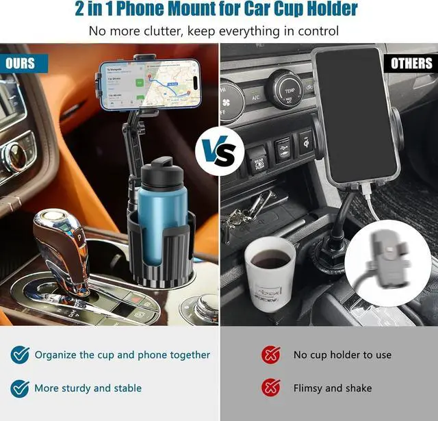 Alt view image 2 of 7 - Phone Holders for Your Car Cupholder 2 in 1 Cell Phone Holder Mount with Cup Holder Expandable Base 360 Degree Rotating Neck Fits All 4-7 Smartphones and Most Bottles 1 Pack