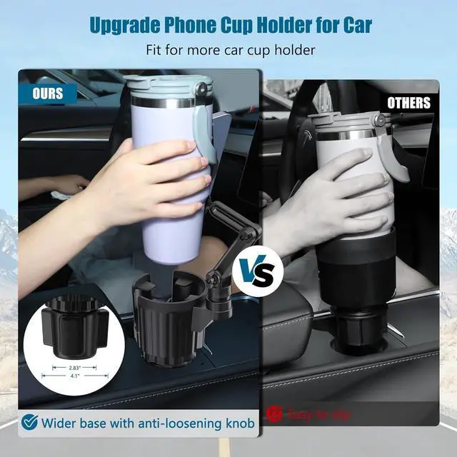 Alt view image 3 of 7 - Phone Holders for Your Car Cupholder 2 in 1 Cell Phone Holder Mount with Cup Holder Expandable Base 360 Degree Rotating Neck Fits All 4-7 Smartphones and Most Bottles 1 Pack