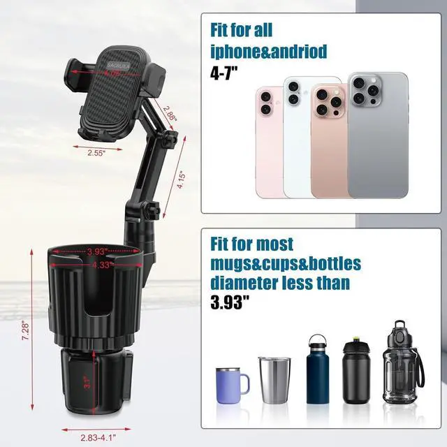 Alt view image 7 of 7 - Phone Holders for Your Car Cupholder 2 in 1 Cell Phone Holder Mount with Cup Holder Expandable Base 360 Degree Rotating Neck Fits All 4-7 Smartphones and Most Bottles 1 Pack