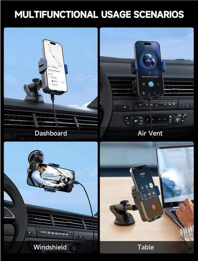 Alt view image 2 of 7 - Wireless Car Charger 15W Auto Clamping Car Charger Dash Windshield Air Vent Phone Holder Compatible with iPhone 16 15 14/13/13 Pro/12 pro/12/11/X/8  S24/S23/S22 Blue