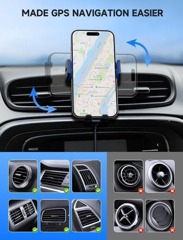 Alt view image 3 of 7 - Wireless Car Charger 15W Auto Clamping Car Charger Dash Windshield Air Vent Phone Holder Compatible with iPhone 16 15 14/13/13 Pro/12 pro/12/11/X/8  S24/S23/S22 Blue