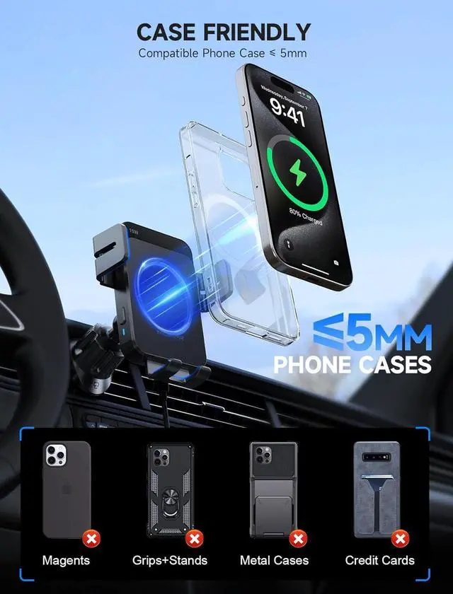 Alt view image 5 of 7 - Wireless Car Charger 15W Auto Clamping Car Charger Dash Windshield Air Vent Phone Holder Compatible with iPhone 16 15 14/13/13 Pro/12 pro/12/11/X/8  S24/S23/S22 Blue
