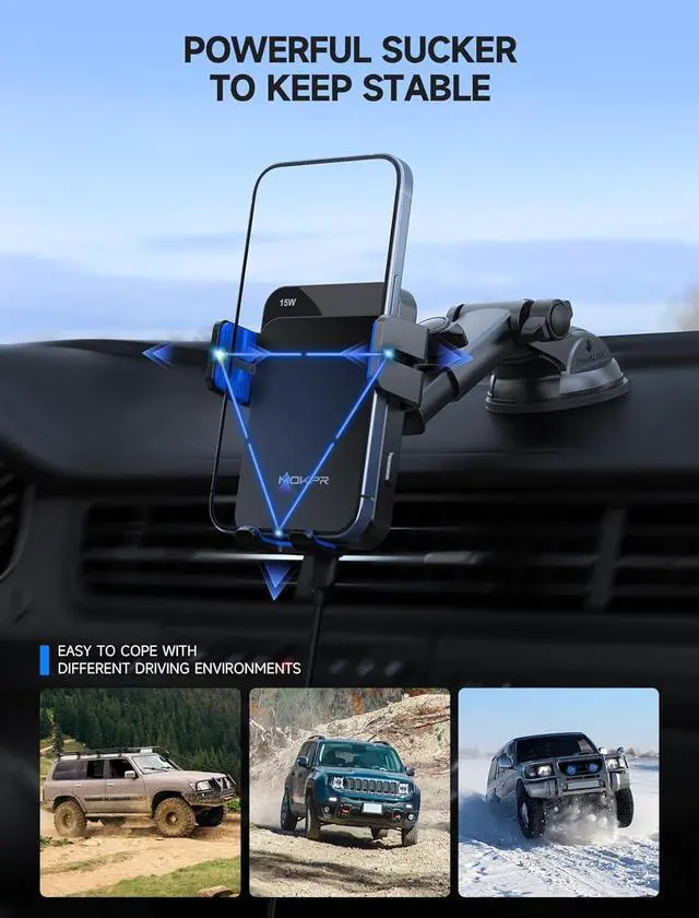 Alt view image 6 of 7 - Wireless Car Charger 15W Auto Clamping Car Charger Dash Windshield Air Vent Phone Holder Compatible with iPhone 16 15 14/13/13 Pro/12 pro/12/11/X/8  S24/S23/S22 Blue