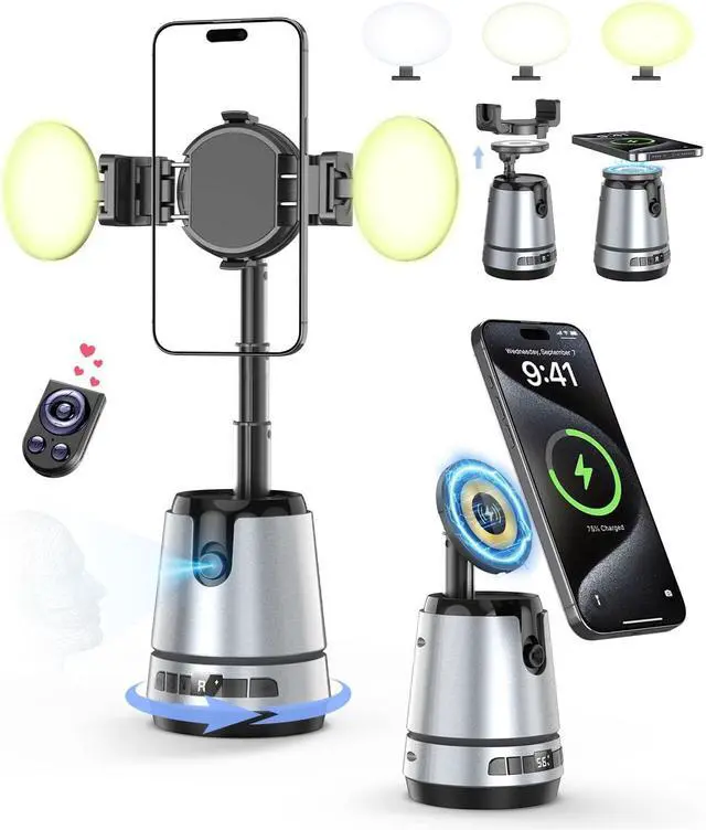 Main image of Auto Face Tracking Magnetic Phone Charger Stand with Light 1800mAh Magnetic Wireless Charger 360° Rotating Phone Holder with Remote Control for Video Recording/TikTok/YouTube/Content Creator