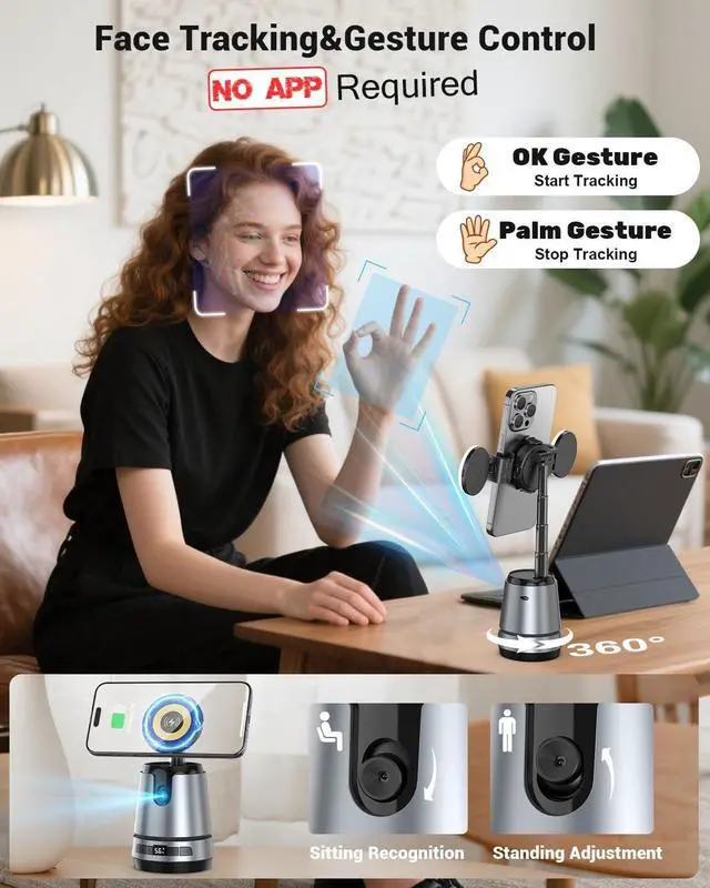 Alt view image 2 of 7 - Auto Face Tracking Magnetic Phone Charger Stand with Light 1800mAh Magnetic Wireless Charger 360° Rotating Phone Holder with Remote Control for Video Recording/TikTok/YouTube/Content Creator