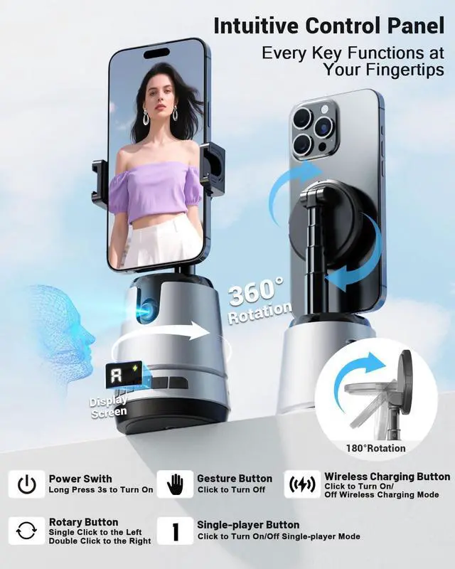 Alt view image 3 of 7 - Auto Face Tracking Magnetic Phone Charger Stand with Light 1800mAh Magnetic Wireless Charger 360° Rotating Phone Holder with Remote Control for Video Recording/TikTok/YouTube/Content Creator