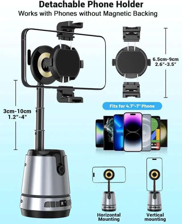 Alt view image 7 of 7 - Auto Face Tracking Magnetic Phone Charger Stand with Light 1800mAh Magnetic Wireless Charger 360° Rotating Phone Holder with Remote Control for Video Recording/TikTok/YouTube/Content Creator