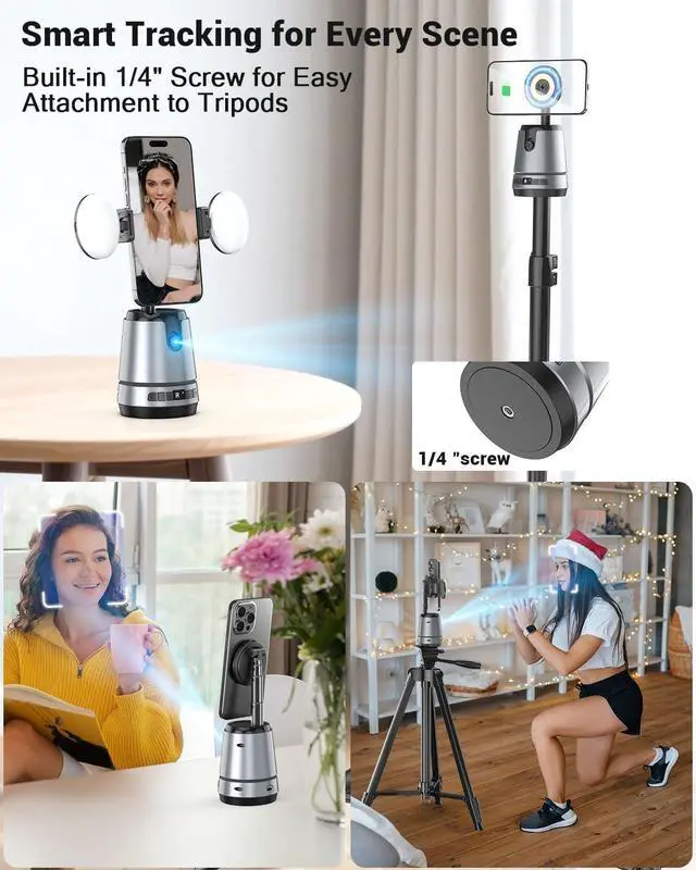 Alt view image 6 of 7 - Auto Face Tracking Magnetic Phone Charger Stand with Light 1800mAh Magnetic Wireless Charger 360° Rotating Phone Holder with Remote Control for Video Recording/TikTok/YouTube/Content Creator