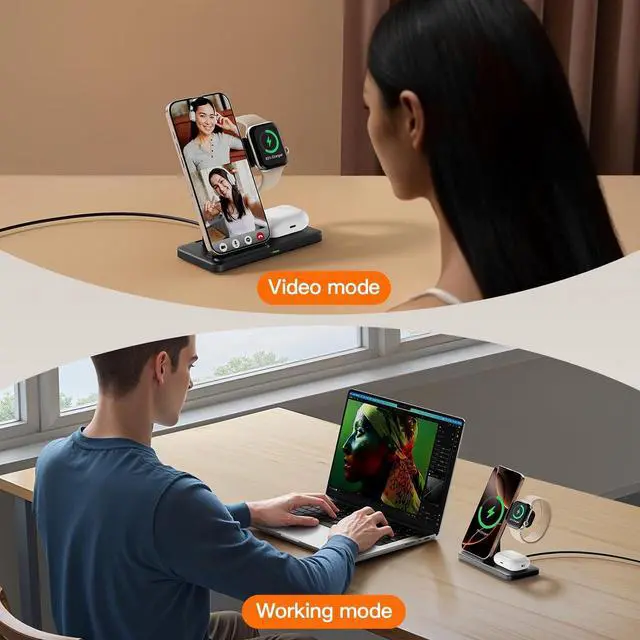 Alt view image 4 of 7 - 2025 3 in 1 Wireless Charger for iPhone 16 15 14 13 12 11 XR 8  Charging Station for  Watch 10/9/Ultra/8/7/SE/6/5/4 & AirPods Series Wireless Charging Station for Multiple Devices