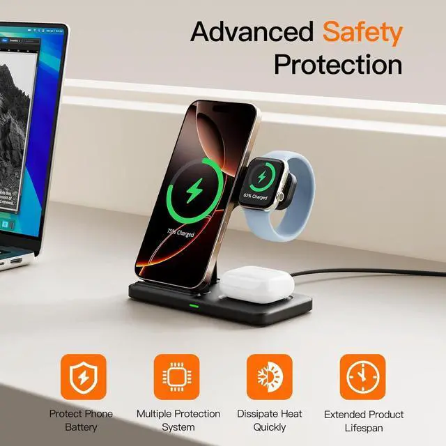 Alt view image 6 of 7 - 2025 3 in 1 Wireless Charger for iPhone 16 15 14 13 12 11 XR 8  Charging Station for  Watch 10/9/Ultra/8/7/SE/6/5/4 & AirPods Series Wireless Charging Station for Multiple Devices