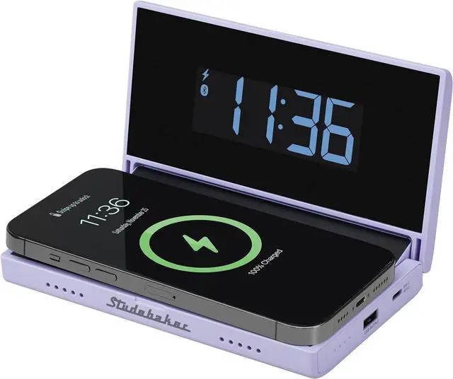 Main image of Techmate All-in-One: Portable Travel Clock Wireless & Wired Phone Charger Bluetooth Speaker and Power Bank (Lilac)