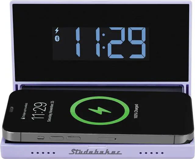 Alt view image 2 of 3 - Techmate All-in-One: Portable Travel Clock Wireless & Wired Phone Charger Bluetooth Speaker and Power Bank (Lilac)