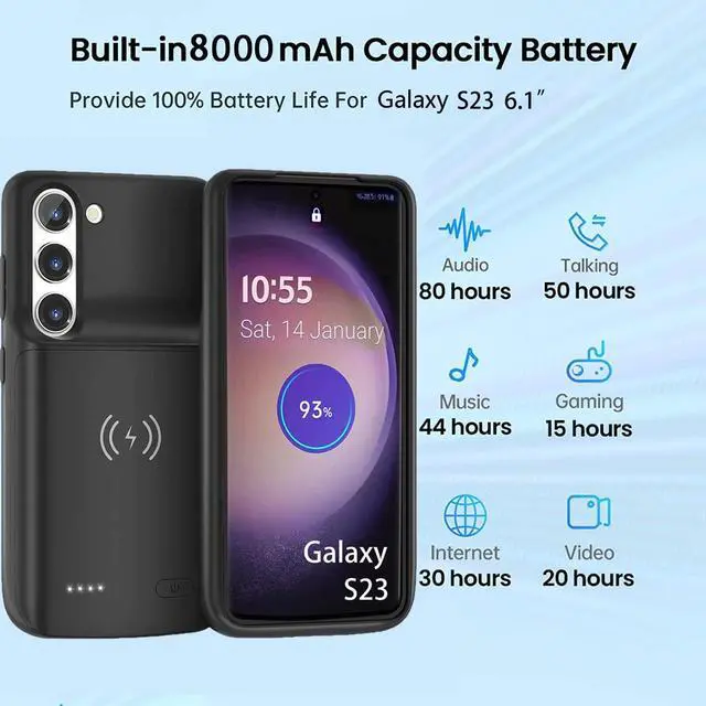 Alt view image 6 of 7 - Galaxy S23 Battery case (6.1 inch) Qi Wireless Charging Compatible 10000 mAh Extended Power Slim Protective Portable Charger Case Rechargeable for Phone Regular S23 5G - Black