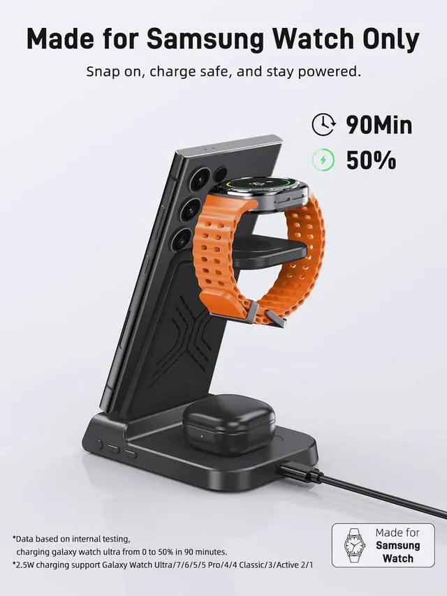 Alt view image 3 of 7 - Wireless Charger for  Charging Station 3 in 1 Android Phone Trio Multiple Devices Charger for  S23 Ultra/Galaxy S22 Ultra/S21/Z Flip 5/Fold 5/Buds Charger for Galaxy Watch 6/5 Pro/4/3