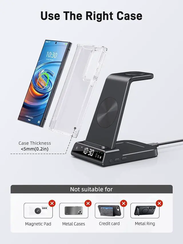Alt view image 6 of 7 - Wireless Charger for  Charging Station 3 in 1 Android Phone Trio Multiple Devices Charger for  S23 Ultra/Galaxy S22 Ultra/S21/Z Flip 5/Fold 5/Buds Charger for Galaxy Watch 6/5 Pro/4/3