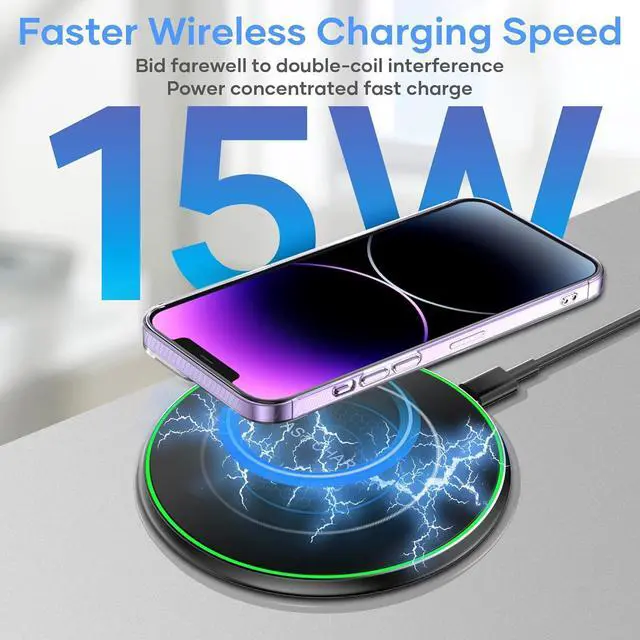 Alt view image 3 of 7 - Wireless Charger Wireless Charging Pad Compatible with iPhone 16 15 14 13 12 11 Pro Max/Mini/Plus/XR 15W Max Fast Wireless Charging Pad Mat for  Galaxy S23/S22/S21/S20/S10 /3/2