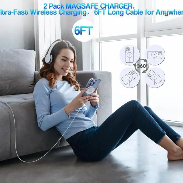 Alt view image 7 of 7 - Magnetic Wireless Charger for iPhone 16 15 2Pack 6FT 15W  Fast Mag-Safe Charger with USB C Fast Charging Block Adapter for iPhone 16/16 Pro/Pro Max/15/14/13/12/Plus/Pro/Pro Max AirPods 3/2/Pro 2