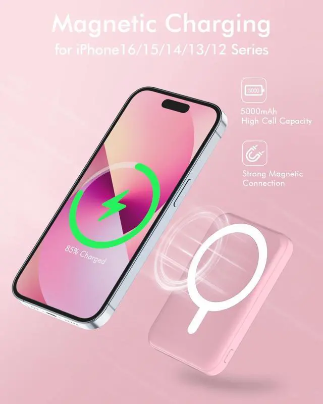 Alt view image 3 of 7 - for Magsafe Battery Pack 5000mAh Magnetic Power Bank with Type-C Cable 20W PD Fast Charging Lighting Input Wireless Portable Charger for iPhone 16/15/14/13/12/ All Series-Pink